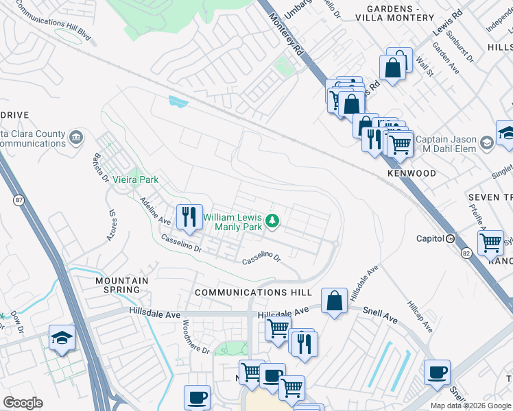 map of restaurants, bars, coffee shops, grocery stores, and more near 2989 Manuel Street in San Jose