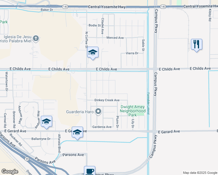 map of restaurants, bars, coffee shops, grocery stores, and more near 146 Squaw Valley Drive in Merced