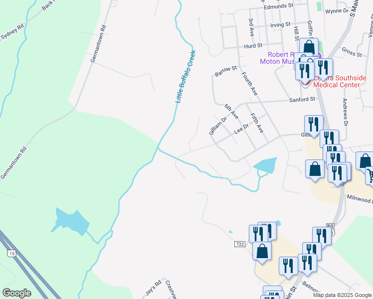 map of restaurants, bars, coffee shops, grocery stores, and more near 1700 Lee Drive in Farmville