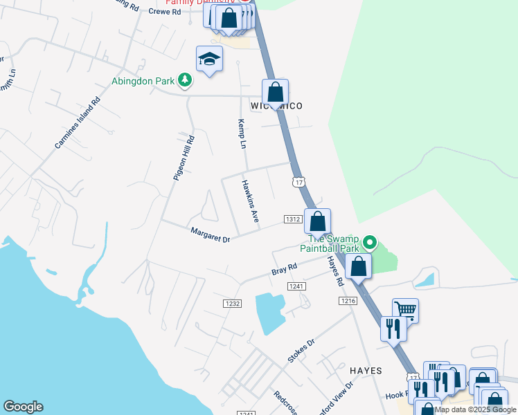 map of restaurants, bars, coffee shops, grocery stores, and more near 2667 Hawkins Avenue in Gloucester Point