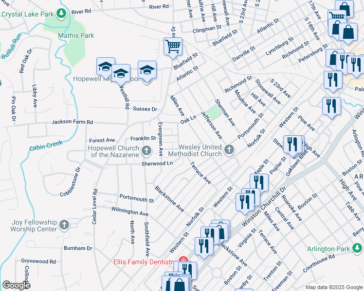 map of restaurants, bars, coffee shops, grocery stores, and more near 517 Gravatt Avenue in Hopewell