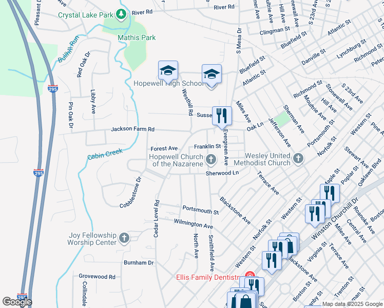 map of restaurants, bars, coffee shops, grocery stores, and more near 3209 Randall Street in Hopewell