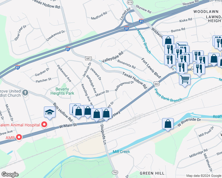 map of restaurants, bars, coffee shops, grocery stores, and more near 2612 Macon Street in Salem