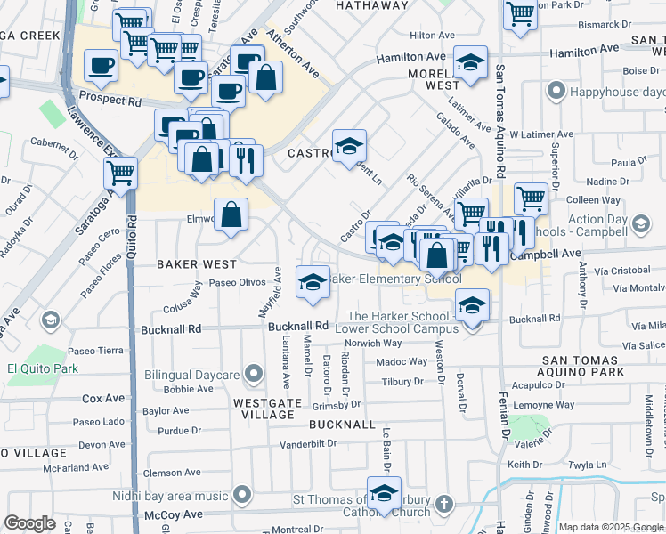 map of restaurants, bars, coffee shops, grocery stores, and more near 2025 Woodglen Drive in San Jose