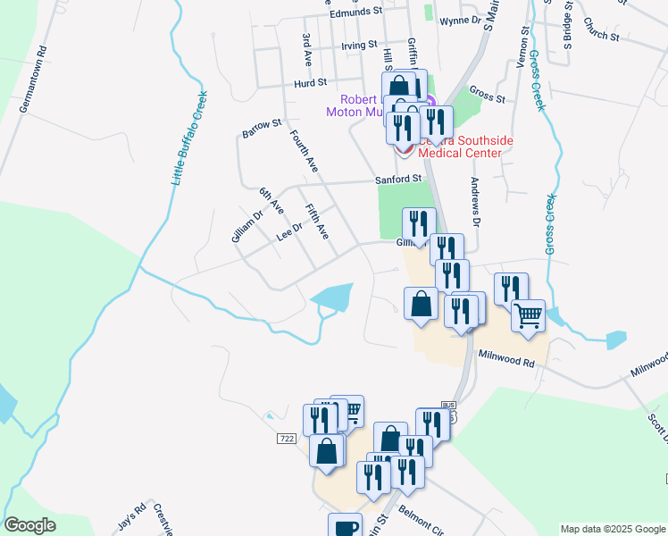 map of restaurants, bars, coffee shops, grocery stores, and more near 1207 Gilliam Drive in Farmville