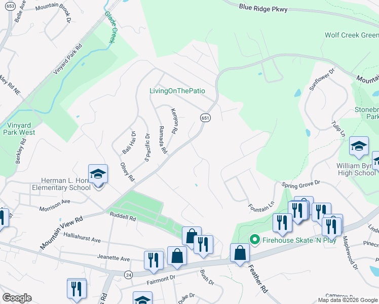map of restaurants, bars, coffee shops, grocery stores, and more near 1615 Mountain View Rd in Vinton