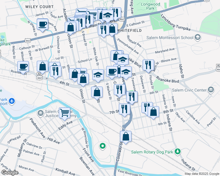 map of restaurants, bars, coffee shops, grocery stores, and more near 626 South Market Street in Salem