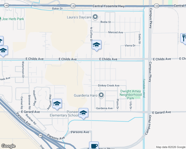 map of restaurants, bars, coffee shops, grocery stores, and more near 147 Blueberry Lane in Merced