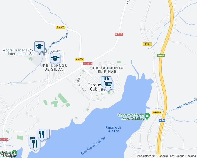 map of restaurants, bars, coffee shops, grocery stores, and more near in Parque del Cubillas