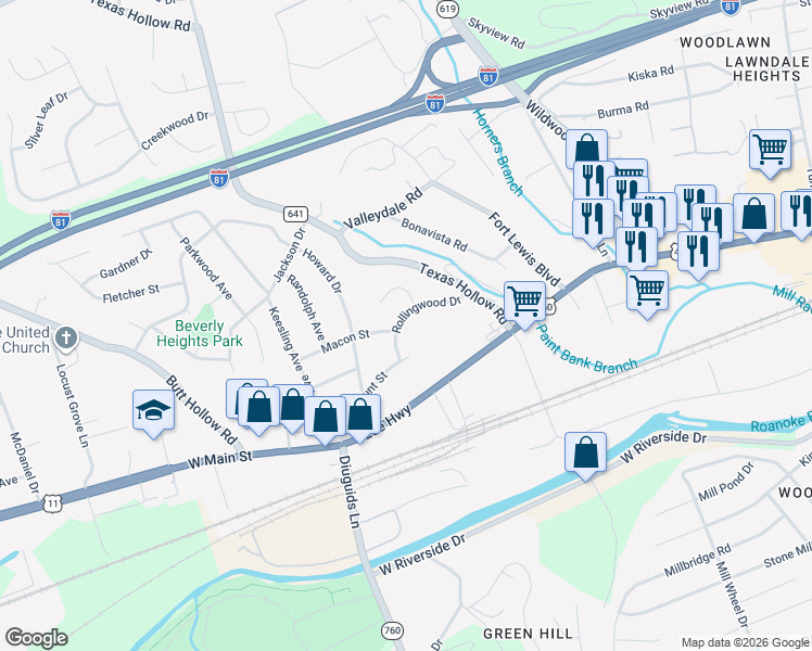 map of restaurants, bars, coffee shops, grocery stores, and more near 2417 Rollingwood Drive in Salem