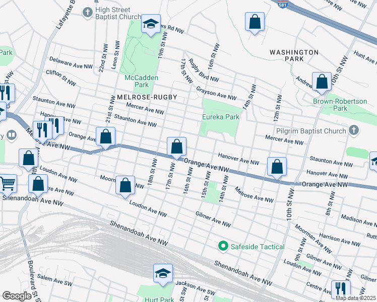 map of restaurants, bars, coffee shops, grocery stores, and more near 1614 Hanover Avenue Northwest in Roanoke