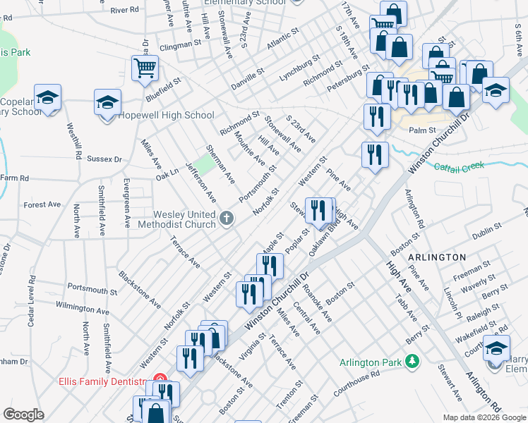 map of restaurants, bars, coffee shops, grocery stores, and more near 2708 Norfolk Street in Hopewell