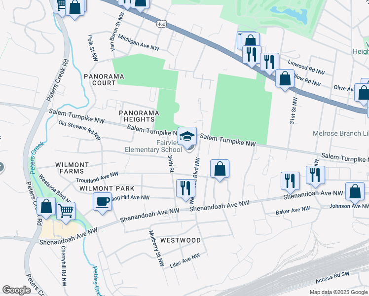 map of restaurants, bars, coffee shops, grocery stores, and more near 648 Westwood Boulevard Northwest in Roanoke