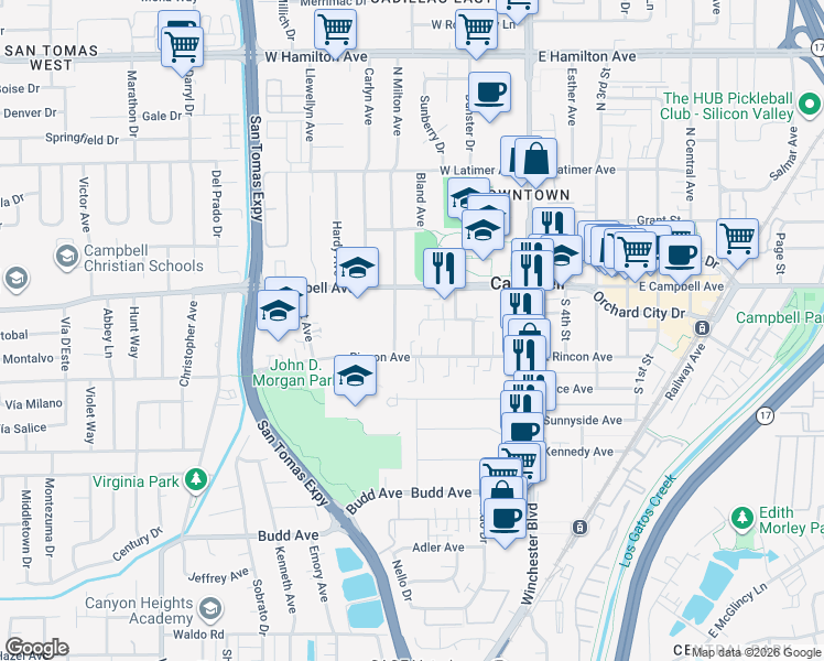 map of restaurants, bars, coffee shops, grocery stores, and more near 230 Rose Court in Campbell