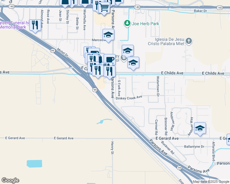 map of restaurants, bars, coffee shops, grocery stores, and more near 144 South Parsons Avenue in Merced