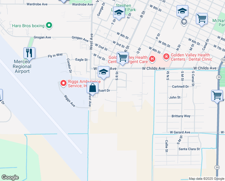 map of restaurants, bars, coffee shops, grocery stores, and more near 1130 Stuart Drive in Merced