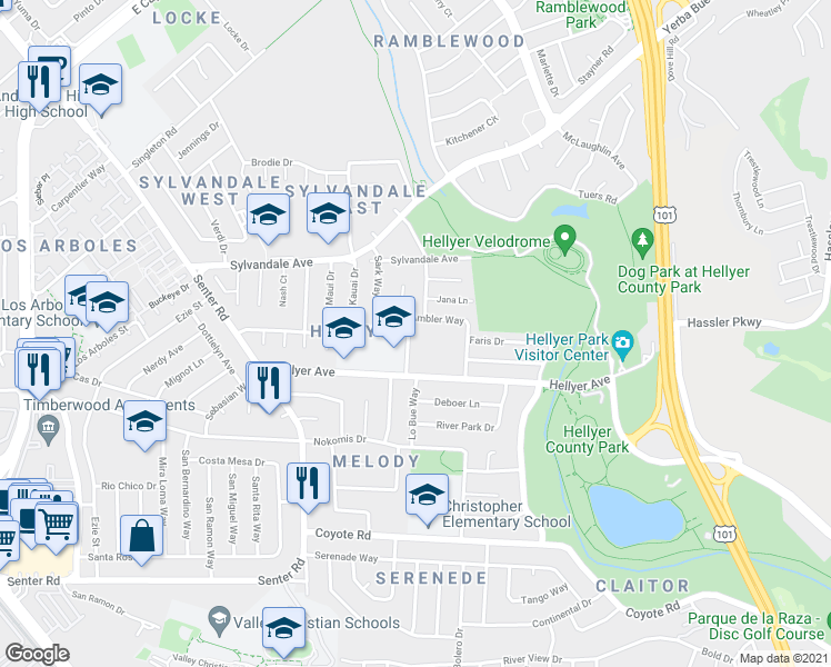 map of restaurants, bars, coffee shops, grocery stores, and more near 4090 Sacramento Avenue in San Jose