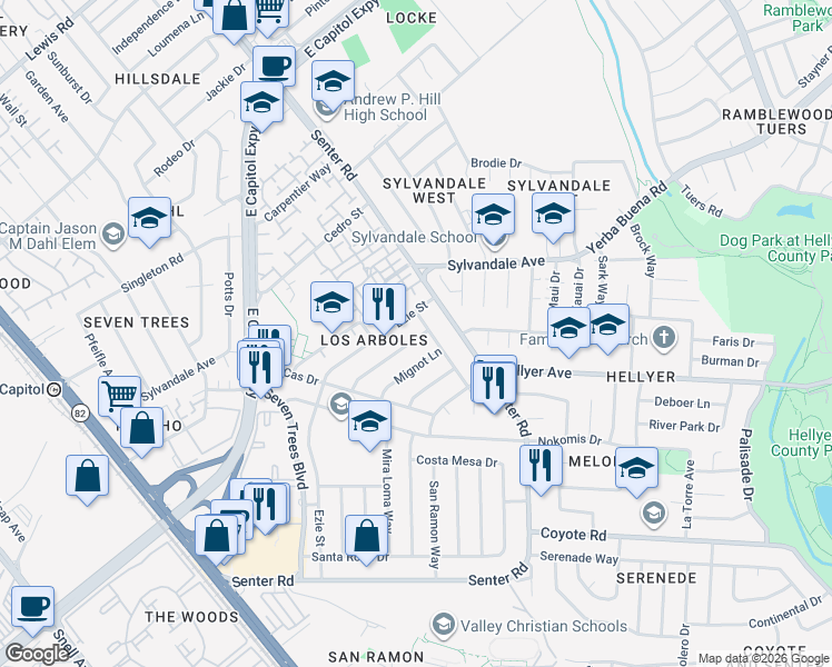 map of restaurants, bars, coffee shops, grocery stores, and more near in San Jose