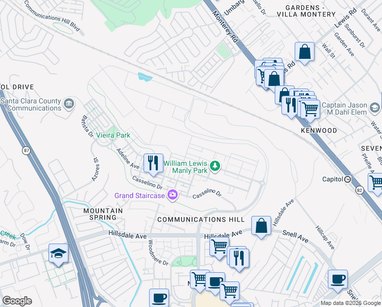 map of restaurants, bars, coffee shops, grocery stores, and more near 337 Llano de los Robles Avenue in San Jose