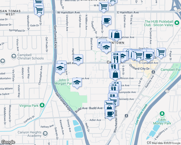 map of restaurants, bars, coffee shops, grocery stores, and more near 257 West Rincon Avenue in Campbell