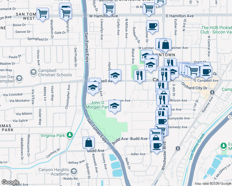 map of restaurants, bars, coffee shops, grocery stores, and more near 347 West Rincon Avenue in Campbell