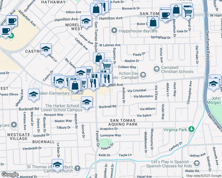 map of restaurants, bars, coffee shops, grocery stores, and more near 2021 Orestes Way in Campbell