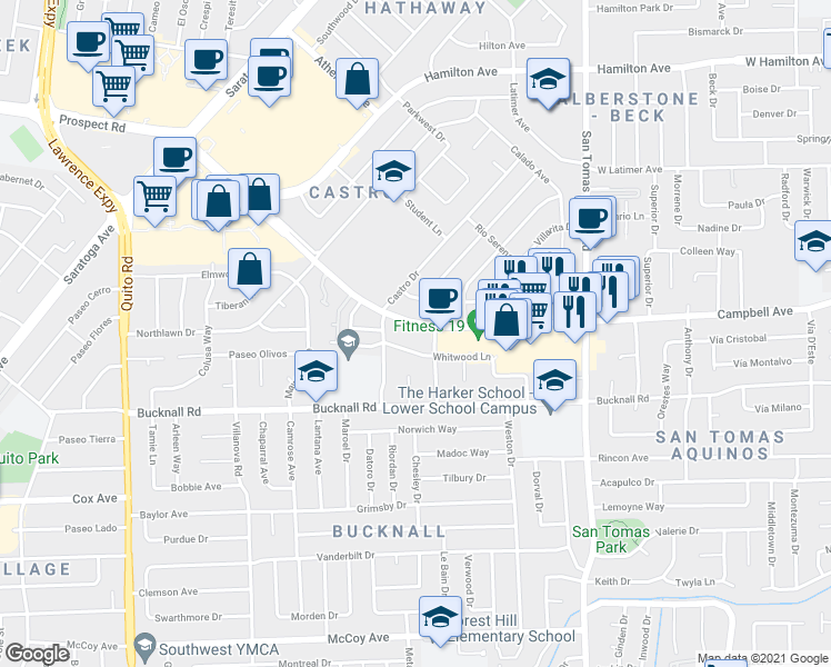 map of restaurants, bars, coffee shops, grocery stores, and more near 1860 Campbell Avenue in Campbell