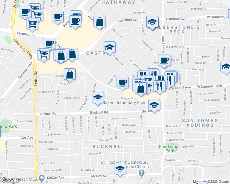 map of restaurants, bars, coffee shops, grocery stores, and more near 1860 Campbell Avenue in Campbell