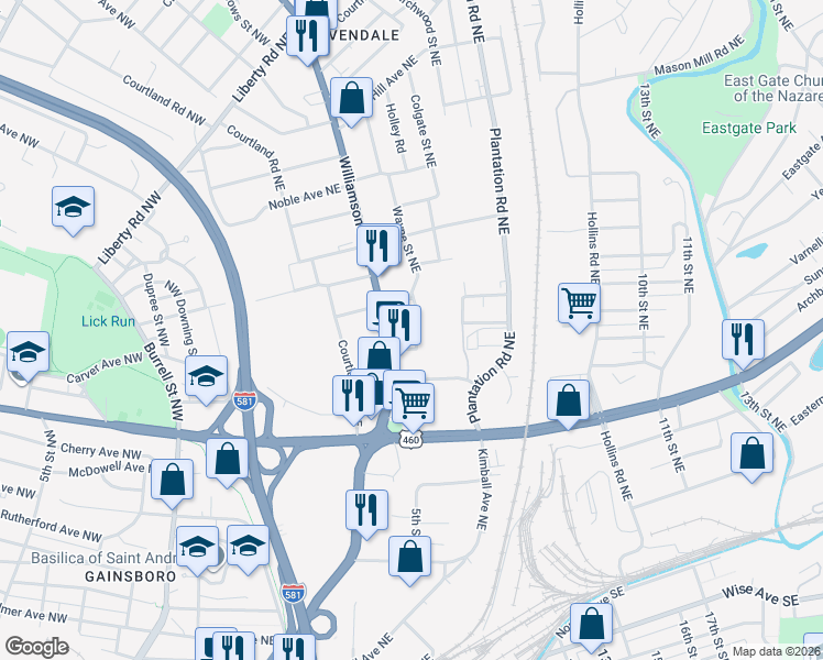 map of restaurants, bars, coffee shops, grocery stores, and more near 1516 Compton Street Northeast in Roanoke
