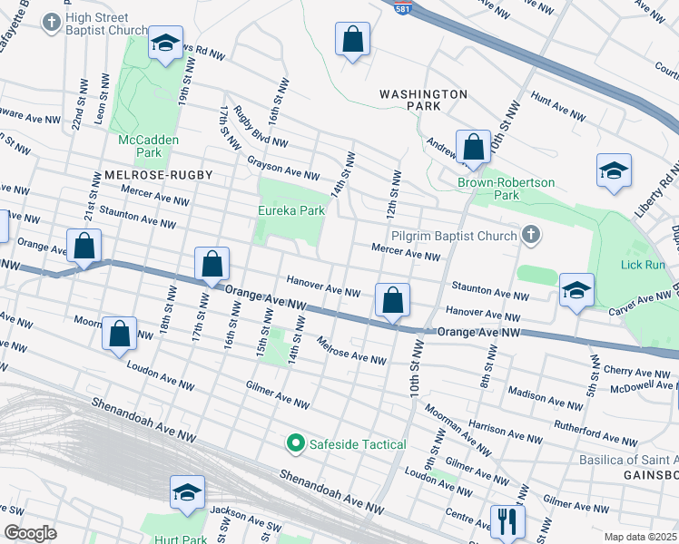 map of restaurants, bars, coffee shops, grocery stores, and more near 910 14th Street Northwest in Roanoke
