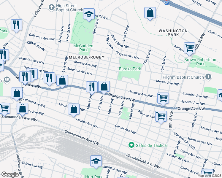 map of restaurants, bars, coffee shops, grocery stores, and more near 1614 Hanover Avenue Northwest in Roanoke