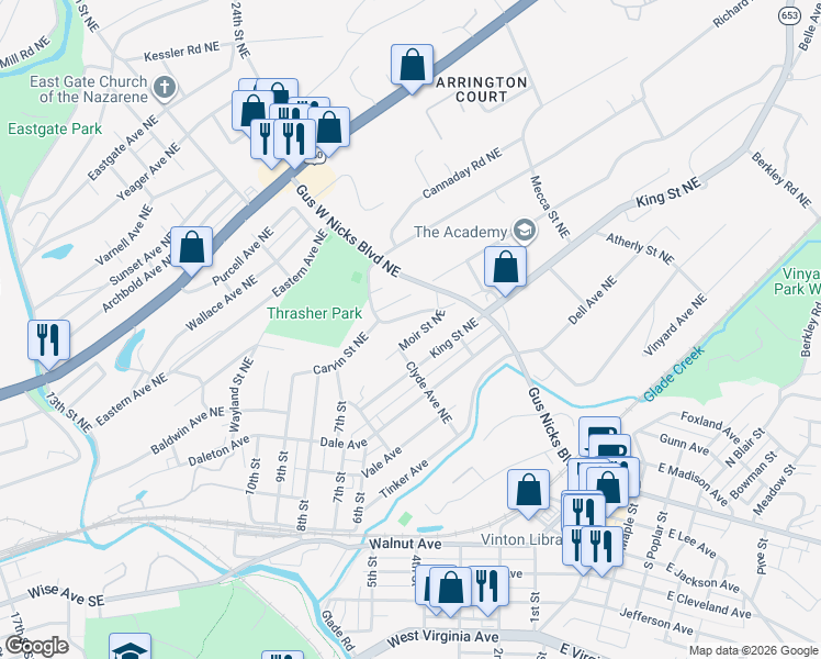 map of restaurants, bars, coffee shops, grocery stores, and more near 2316 Moir St NE in Roanoke