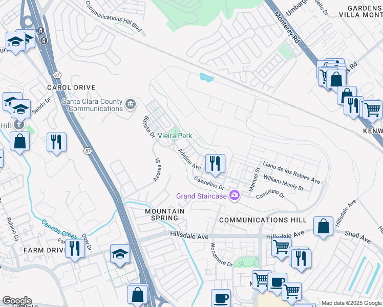 map of restaurants, bars, coffee shops, grocery stores, and more near 609 Adeline Avenue in San Jose