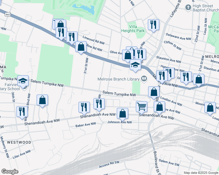 map of restaurants, bars, coffee shops, grocery stores, and more near 757 29th Street Northwest in Roanoke