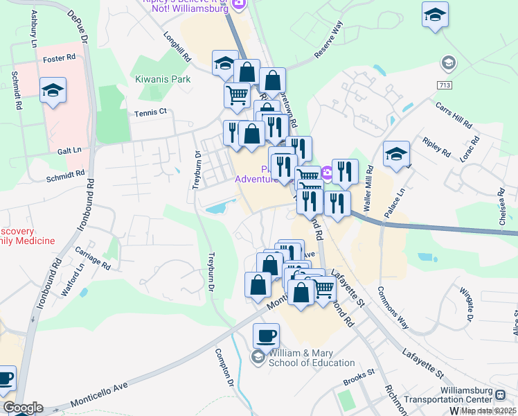 map of restaurants, bars, coffee shops, grocery stores, and more near 200 New Hope Road in Williamsburg