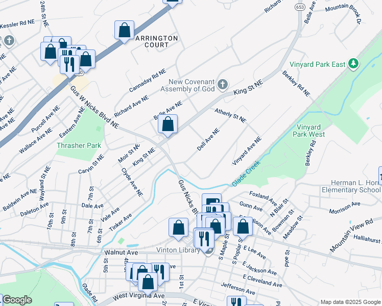 map of restaurants, bars, coffee shops, grocery stores, and more near 2622 Dell Avenue Northeast in Roanoke