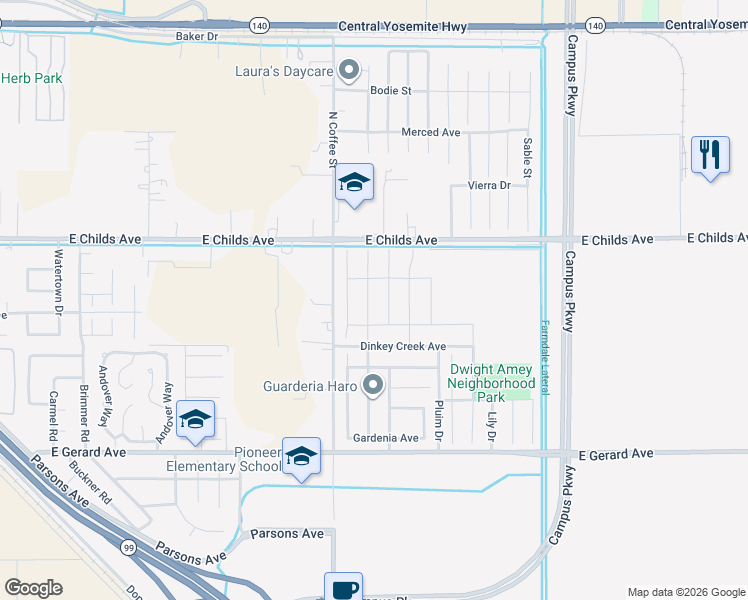 map of restaurants, bars, coffee shops, grocery stores, and more near 144 River Oak Drive in Merced