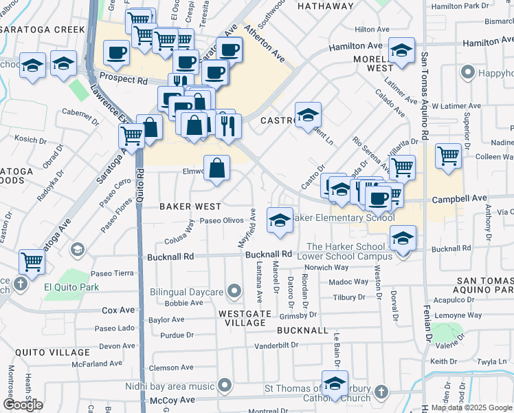 map of restaurants, bars, coffee shops, grocery stores, and more near 2002 Mayfield Avenue in San Jose