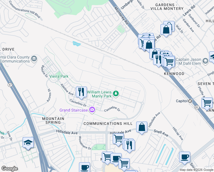 map of restaurants, bars, coffee shops, grocery stores, and more near 2989 Manuel Street in San Jose