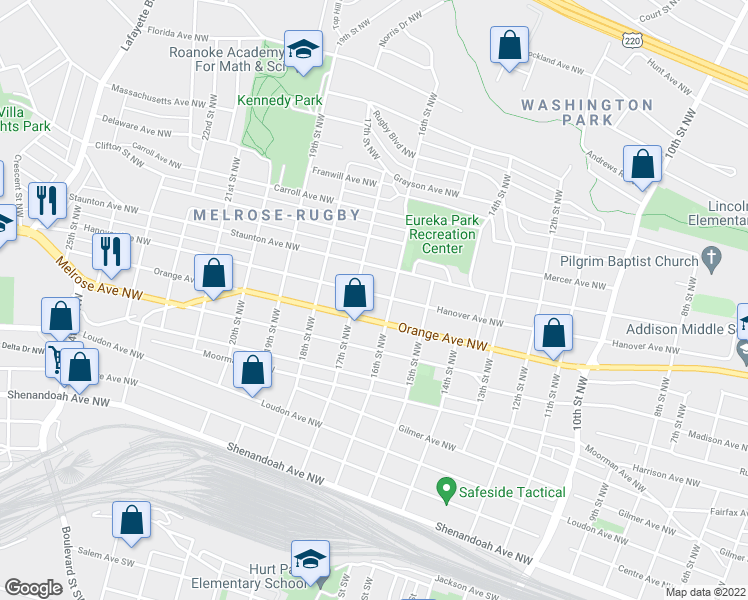 map of restaurants, bars, coffee shops, grocery stores, and more near 1614 Hanover Avenue Northwest in Roanoke