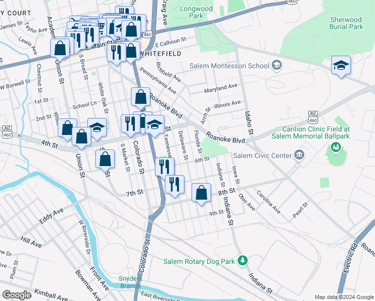 map of restaurants, bars, coffee shops, grocery stores, and more near 710 Delaware Street in Salem