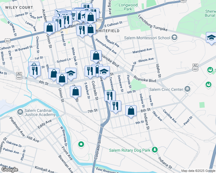 map of restaurants, bars, coffee shops, grocery stores, and more near 616 South College Avenue in Salem
