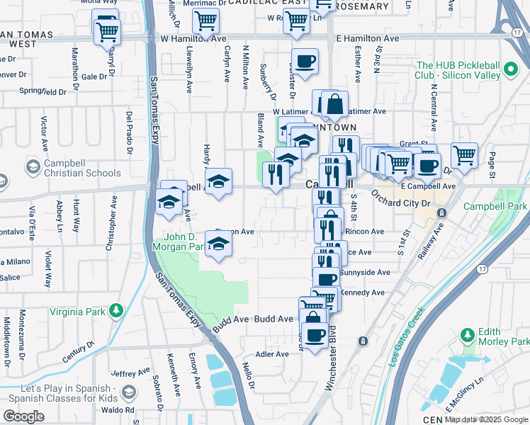map of restaurants, bars, coffee shops, grocery stores, and more near 210 Rose Court in Campbell