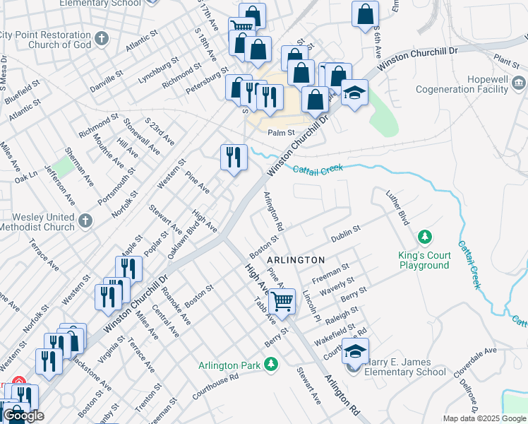 map of restaurants, bars, coffee shops, grocery stores, and more near 1101A Kruper Street in Hopewell