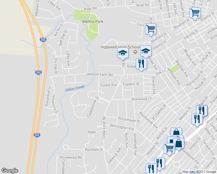 map of restaurants, bars, coffee shops, grocery stores, and more near 3308 Forest Avenue in Hopewell