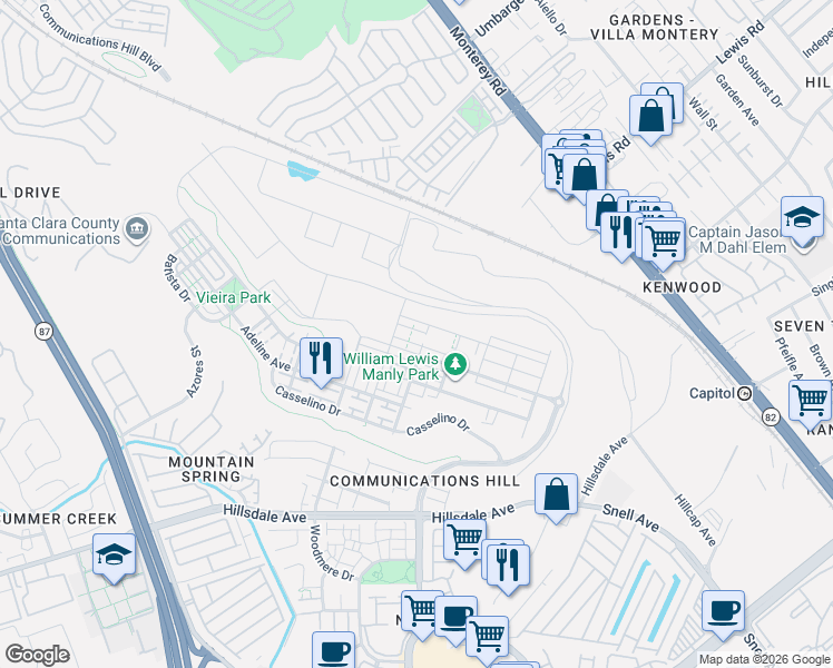 map of restaurants, bars, coffee shops, grocery stores, and more near 2989 Manuel Street in San Jose