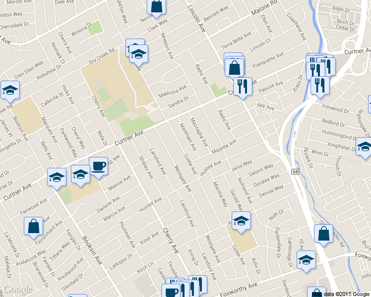 map of restaurants, bars, coffee shops, grocery stores, and more near 2379 Markham Avenue in San Jose