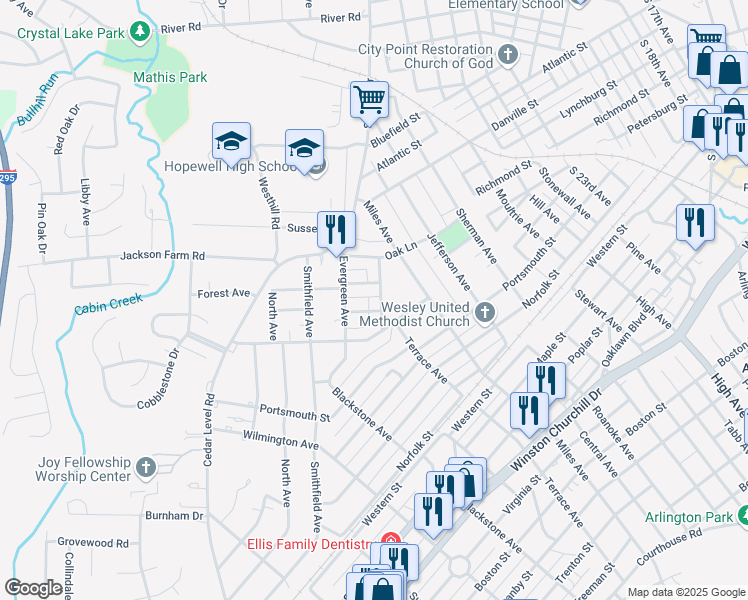 map of restaurants, bars, coffee shops, grocery stores, and more near 512 Gravatt Avenue in Hopewell