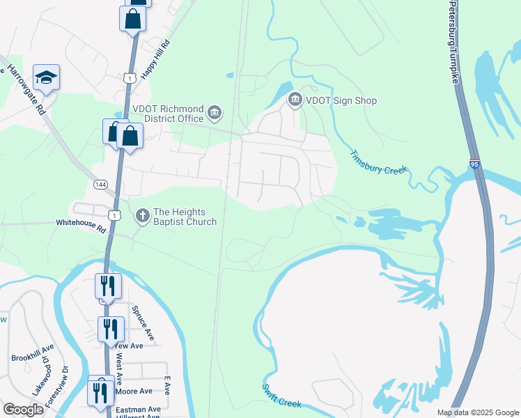 map of restaurants, bars, coffee shops, grocery stores, and more near 17111 South Swift Bluff Court in Chesterfield County