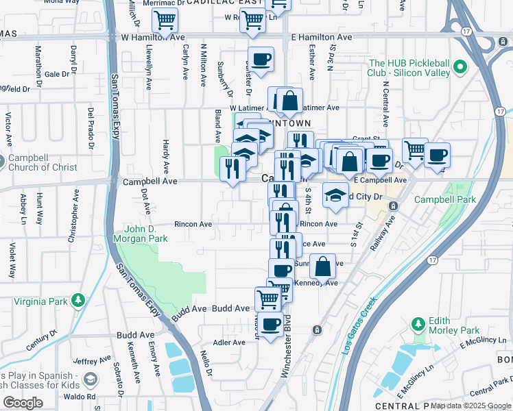 map of restaurants, bars, coffee shops, grocery stores, and more near 118 Salice Way in Campbell